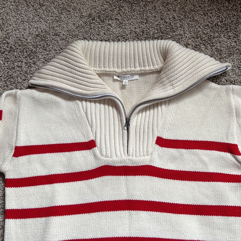 Workshop Republic Clothing Cream and Red Striped Zip Collar Sweater